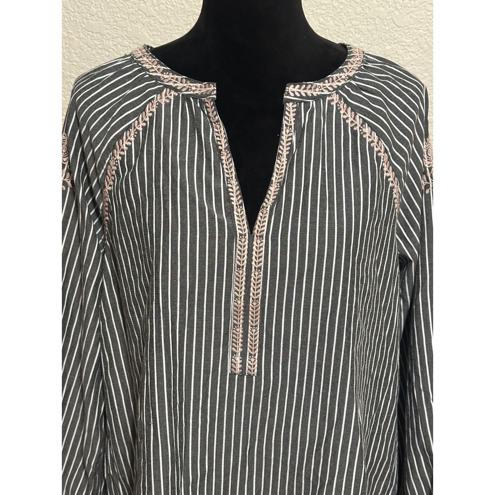 Billy T Embroidered Striped Blouse Charcoal Pink Floral Split Neck Top M Boho
